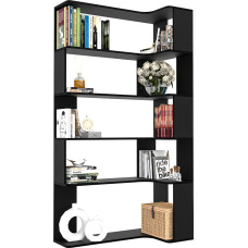 Knygų spinta su 5 lygiais, L formos knygų spinta, juoda, kampinė knygų spinta, stovinti lentyna, medinė pakopinė lentyna, patalpų pertvara, lentyna su pakreipimo apsauga, biuro lentyna svetainei, biurui, 90 x