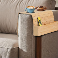 Sofa Arm Tray Table, Bamboo Sofa Tray, Foldable Arm Table with Storage, Wooden Armrest Couch Organiser for Drinks, Snacks, Remote Control, Phone and Magazine