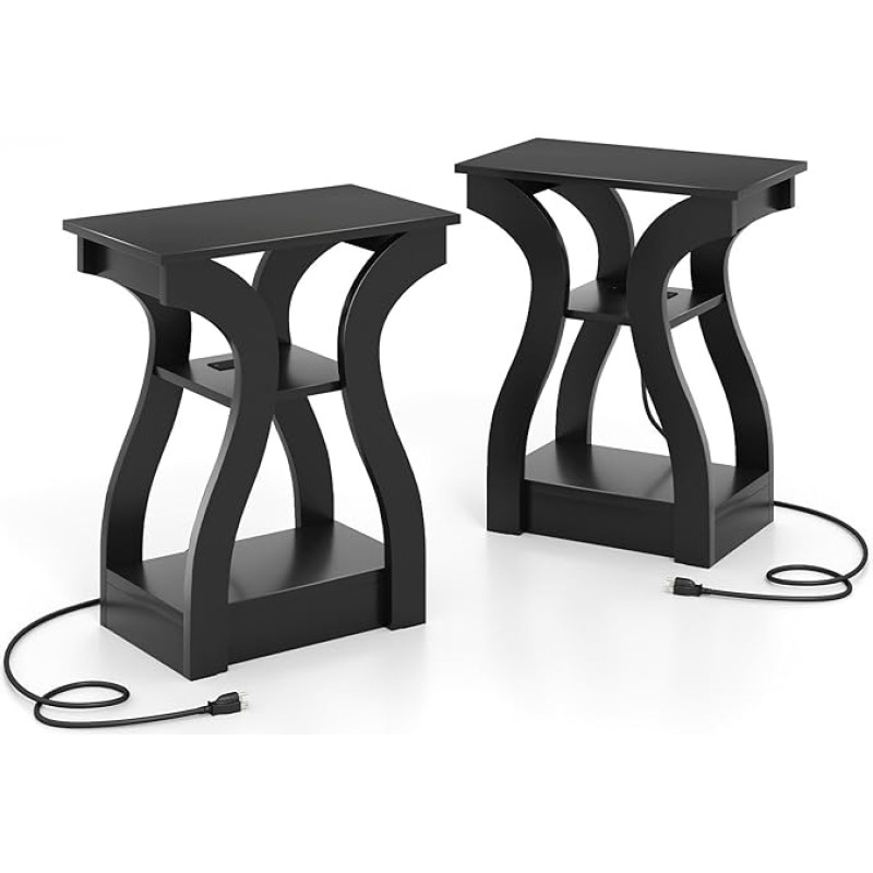 FANTASK šoninis staliukas, 2 vnt., naktinis staliukas su USB lizdais ir kištukiniais lizdais, 3 pakopų sofos staliukas su įkrovimo stotele ir atviromis lentynomis, skirtas svetainei, miegamajam (juodas)
