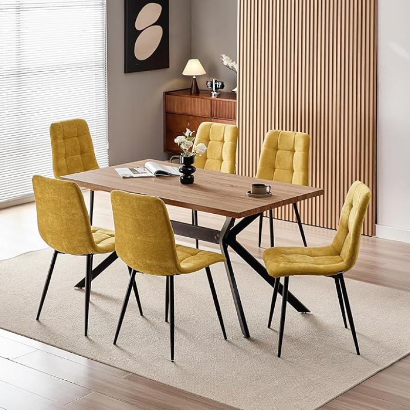 Valgomojo komplektas su 6 kėdėmis, 140 x 80 x 73 cm, HDF valgomojo stalas su tamsia medžio tekstūra ir minkštomis geltonos spalvos valgomojo kėdėmis su aukštu atlošu ir lininiu dizainu, skirtas virtuvei, valgomajam, svetainei