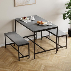 Vida Designs Roslyn 4 Seater Dining Table with 2 Benches Set of 3 Dining Furniture Solid Metal Frame (Concrete Grey)