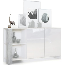 Vladon Canto Sideboard, Made in Germany, Long Sideboard with 2 Doors and 6 Compartments, Matte White Body, High-Gloss White Fronts, Decorative Panels Concrete Oxide Look (143 x 81 x 36 cm)