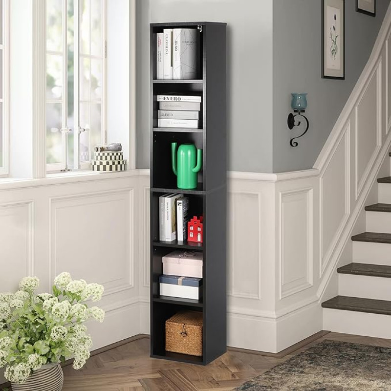 PACHIRA Höhenverstellbares Bücherregal Mit 6 Ebenen, 180.34 x 30.5 x 30.5 cm Schmales Standregal, Offenes Eckregal, Würfelregal, Aufbewahrungsregal Für Wohnzimmer, Büro, Schlafzimmer, Lagerregal