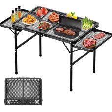 Folding Grill Table, Height-Adjustable Outdoor Barbecue Table, 135 x 60 x 67 cm, Camping Table, Foldable with 2 Fold-Out Side Panels, Folding Table, Camping with Metal Mesh Plate for Picnic