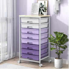 Rolling Cart with Drawers, Multi-Purpose Cart with 8 Drawers and Wooden Tabletop for Living Room, Classroom, Bedroom, Bathroom, Dorm, Office, Purple