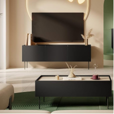 Home Furniture Set Living Wall Unit in Black Matt with Oak, 2-Piece with Coffee Table, Lowboard, Modern, Handle-Free