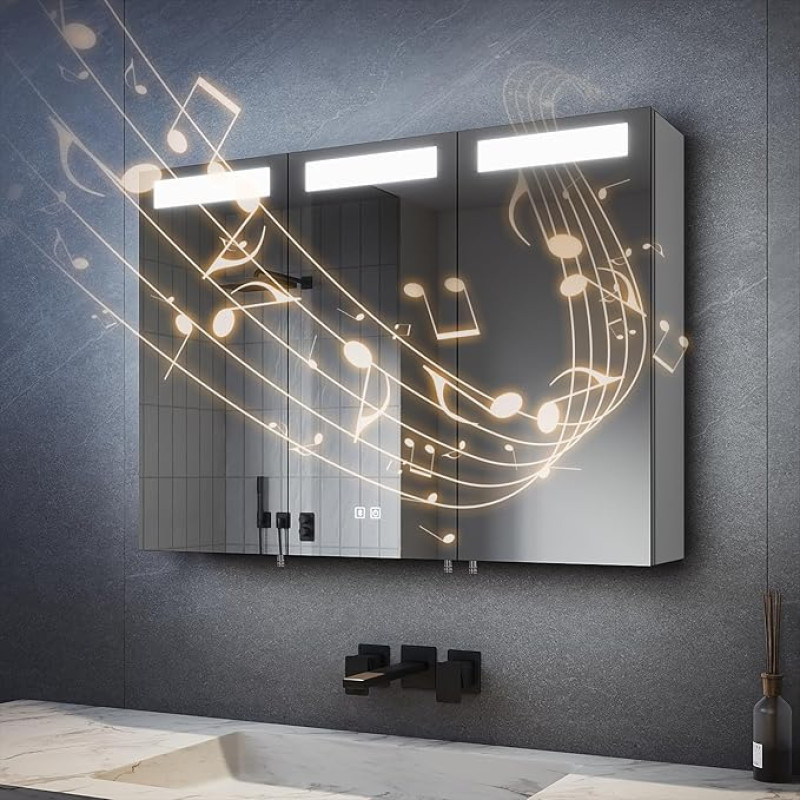 SVNR 90 x 65 cm veidrodinė spintelė su LED apšvietimu vonios kambaryje, 3 durų vonios kambario veidrodinės spintelės apšvietimas su 