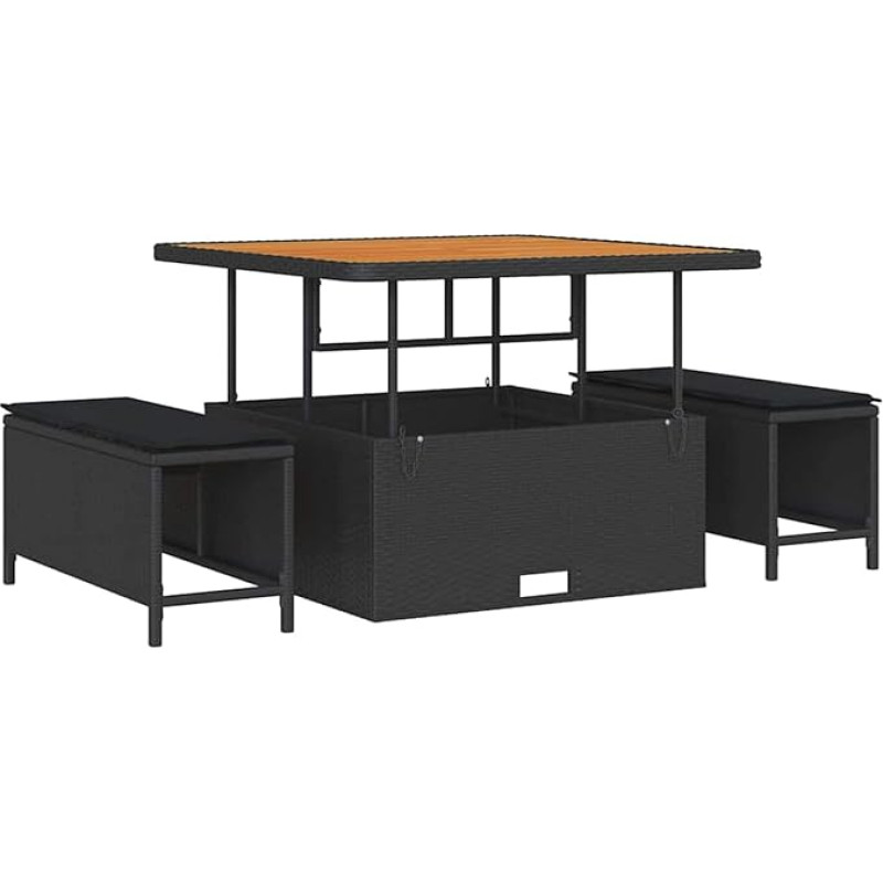 9-teilige Garten Sofa Set mit Kissen Schwarz Poly Rattan Akazie, 3-teiliges Garten Esstisch Set mit Kissen Schwarz Poly Rattan Akazie Gartenlounge Model3362014