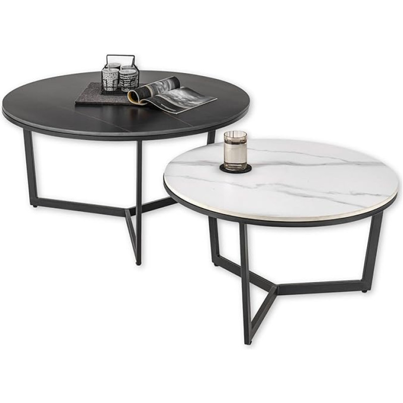 Stella Trading Set of 2 Side Tables in Marble Look Round Black / White - Modern Coffee Table Set with Black Metal Frame - 90 x 45 x 90 cm (W x H x D)