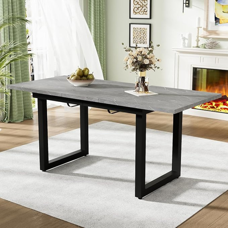 LANTRO JS valgomojo stalas, išplečiamas iki 180 cm, geležinis valgomojo stalas, virtuvės stalas, taupantis erdvę, daugiafunkcinis valgomojo stalas, MDF ir betonas, 75 x 80 x 140/180 cm, pilkas