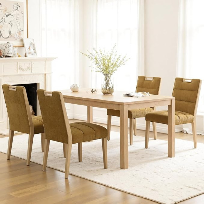 Valgomojo kambario kėdės 4 komplektas Chenille minkštų kėdžių su medinėmis kojomis Modernios virtuvės kėdės su viršutine rankena valgomajam / restoranui, geltonos spalvos