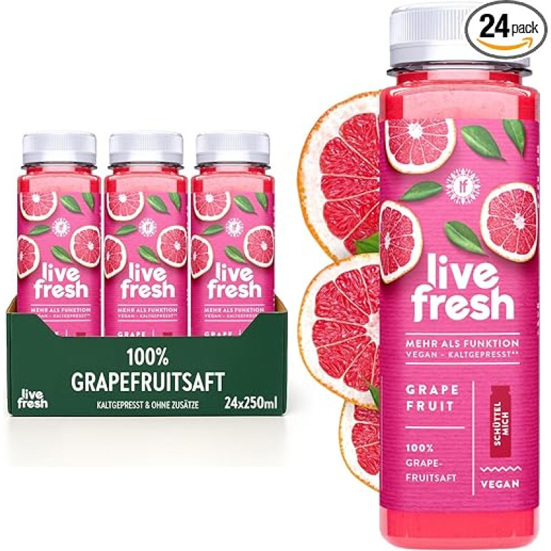 LiveFresh Greipfrutų sultys, spaustos šaltuoju būdu, 24 x 250 ml, 100 % greipfrutų sultys be priedų, pagamintos Vokietijoje, konservuotos aukštu slėgiu, pristatomos šaltai, su 6 € užstatu