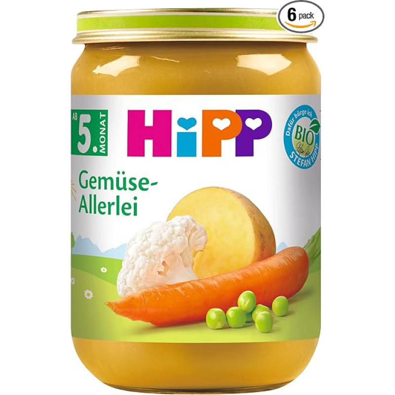 HiPP ekologiškos daržovės (6 x 190 g), kūdikiams nuo 5 mėnesių, be pridėtinės druskos, su Omega-3, idealiai tinka pradedantiesiems maitintis, geriausios ekologiškos kokybės