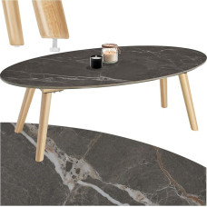tectake® Ovalus kavos staliukas, svetainės stalas su medinėmis kojomis, marmurinis, sofos staliukas, šoninis staliukas, kavos staliukas, atsparus oro sąlygoms, skirtas svetainei, terasai, sodui ar balkonui, natūralus
