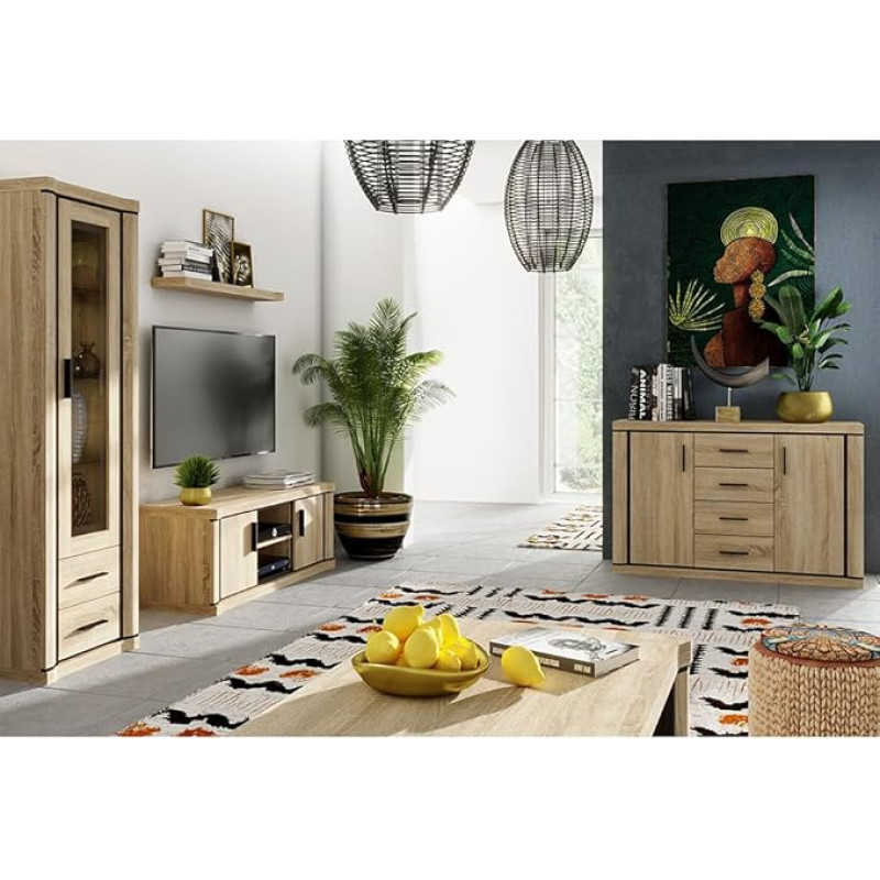 Pradžia Baldų komplektas 4 dalių rudos spalvos Sonoma ąžuolo sieninė lentelė Lowboard Vitrina Spintelė Sideboard