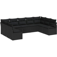 9-teilige Garten Sofa Set mit Kissen Schwarz Poly Rattan, 2-Sitzer Garten Sofa mit Stauraum & Kissen Schwarz Poly Rattan Gartenlounge Modelis3355212