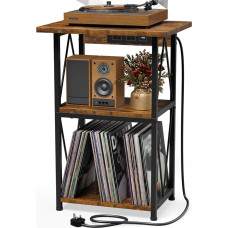 HFHOME Extended Turntable Stand with Charging Station, 3-Tier Side Table with Record Storage, Turntable Table with Storage, Turntable Stand for Vinyl Players