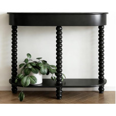 Juodos spalvos, siauras kaimiško stiliaus staliukas su dviguba lentyna, stilingas medinis baldas svetainei, prieškambariui ir prie sofos