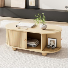 Oval Coffee Table, Living Room Table with Storage Space and Sliding Doors, Side Table, Sofa Table, Country House Style, Living Room Table, Wood Colour (100 x 50 x 40 cm)