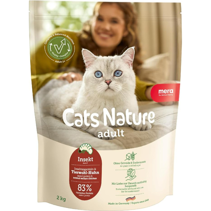 MERA Cats Nature Insect Premium sausas kačių ėdalas sausas 2 kg Be grūdų ir cukraus, tvarus ir su daug vabzdžių baltymų Suaugusių kačių sausas ėdalas sausas kačių ėdalas sausas kačių ėdalas
