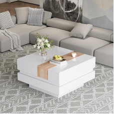 LANTRO JS Coffee Tables, High Gloss Coffee Table with Hidden Storage Space and Dividers, Extendable Sofa Table for Living Room, White