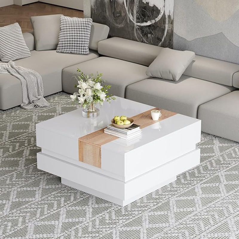 LANTRO JS kavos staliukai, aukšto blizgesio kavos staliukas su paslėpta laikymo erdve ir pertvaromis, ištraukiamas sofos staliukas svetainei, baltas