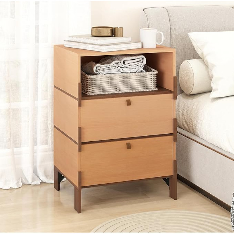 SBS-AL-211-112 Sebastack Beistelltisch, anpassbarer Nachttisch mit 2 Schubladen, Nachttisch, Beistelltisch für Schlafzimmer, Schlafsaal, Massivholzkommode im Mid-Century-Stil, 70,6 cm hoch