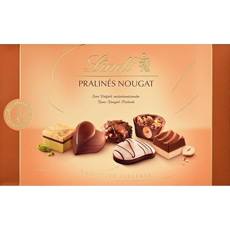 Lindt šokoladas | Pralinés Nougat dėžutė | 200 g | 19 šokoladinių saldainių su švelniai tirpstančiais riešutų riešutais 9 rūšių | Šokoladinė dovana