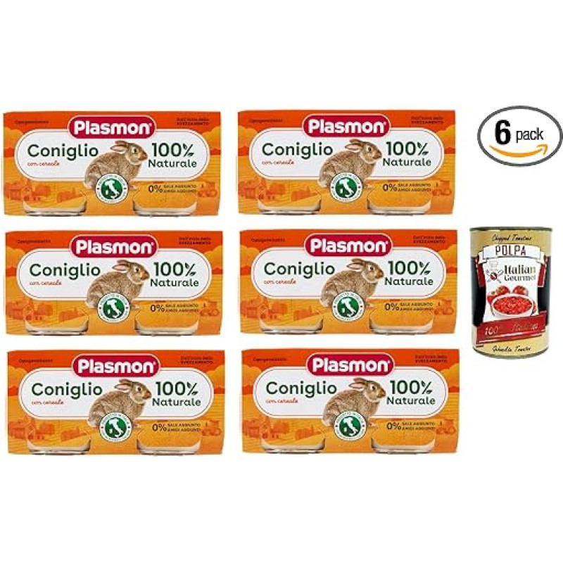 Plasmon Carne Coniglio e cereale 6 x (2 x 80 g) su itališka mėsa, 100 % natūrali, be krakmolo ir priedų + itališka gurmaniška Polpa 400 g