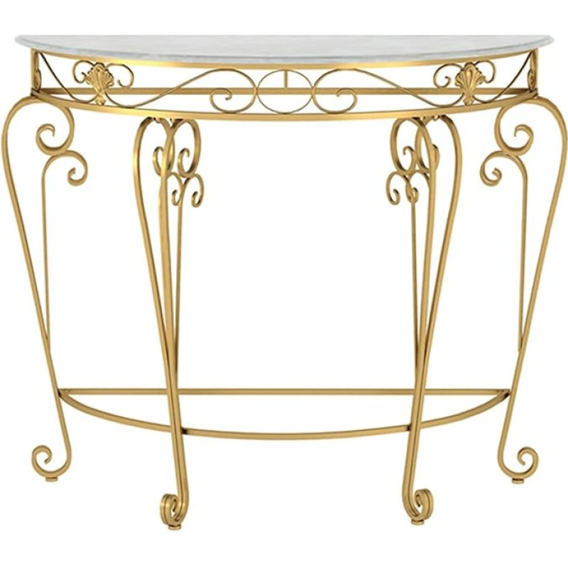 Elegantiškas pusmėnulio formos konsolinis staliukas su dirbtinio marmuro stalviršiu, metalinėmis kojomis su spiralėmis, siauras sofos staliukas svetainei, prieškambariui ir įėjimui - aukso spalvos (90 x 80 cm)