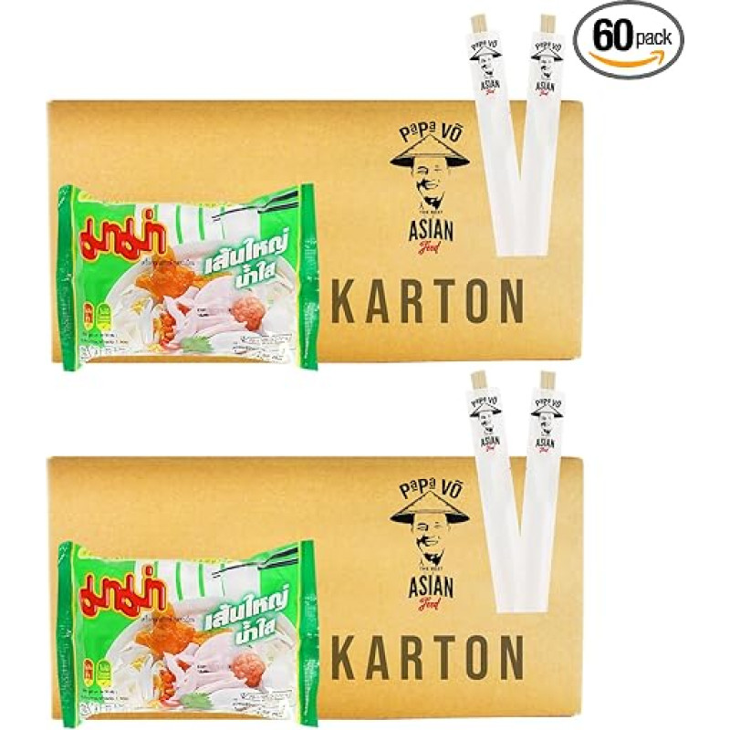 60 pakuočių (60 x 50 g) Mama Flat greito paruošimo ryžių makaronų sriuba su skaidriu sultiniu + 2 Papa Vo lazdelės
