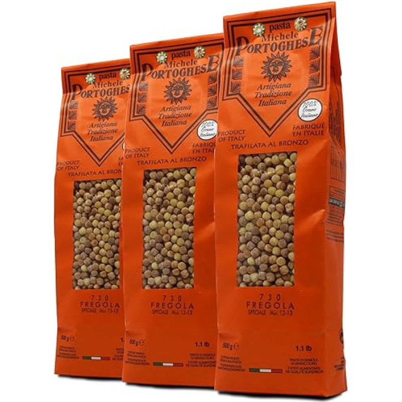 3 x Michele Portoghese Fregola Pasta, Fregula Pasta, Toastata, Durum Wheat Semolina, Bronze Process, Toastada 1500 g (3 x 500 g (3 vnt.)