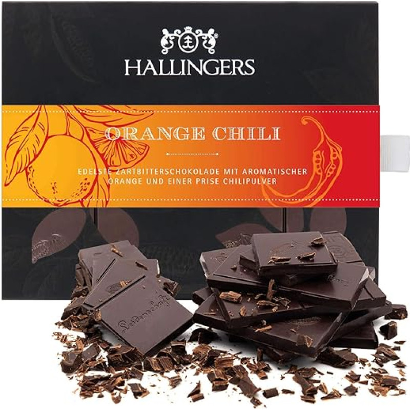 Hallingers Genuss Manufaktur Šokolado dovana - batonėlis Vegan Chocolate Dark Cocoa Orange & Chili - rankų darbo be alkoholio, elegantiška dovanų pakuotė 