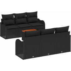 7-teiliges Garten-Sofaset mit Kissen Schwarz Poly Rattan Akazie, 2-Sitzer Garten-Sofa mit Stauraum & Kissen Schwarz Poly Rattan Gartenlounge Model3356070