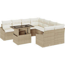 Modelis3348977 9 dalių sodo sofos komplektas su pagalvėle Smėlio spalvos polietileninis rotango sodo poilsio kambarys