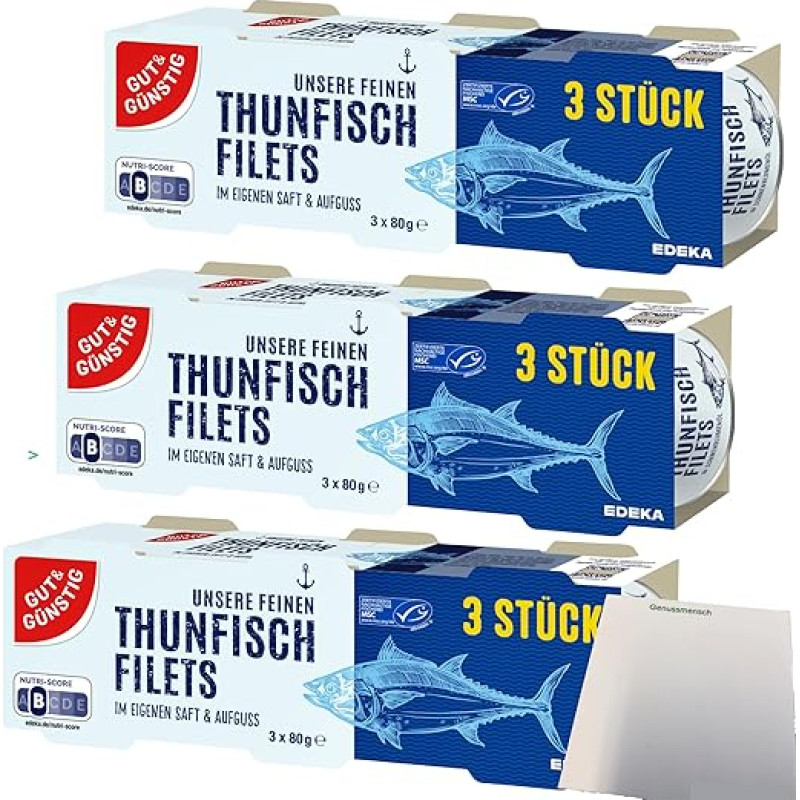 Gut&Günstig Tuno filė savo sultyse, 3 vnt. (9 x 80 g tūbelė) + usy blokas