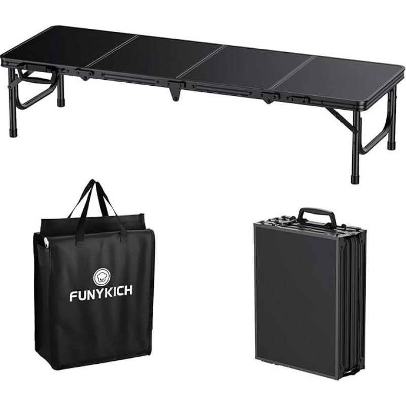 FUNYKICH 4 pėdų sulankstomas stovyklavimo stalas, 116 x 40 x 26 cm, mažas sulankstomas stalas su dovanomis, aliuminio nešiojamasis sulankstomas stalas, MDF plokštės, daugiafunkcinis stalas piknikui, stovyklavimui, paplūdimiui, balkonui