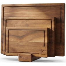 Set of 3 Natural Acacia Wood Chopping and Chopping Boards with Holder - Wooden Board Kitchen, Wooden Chopping Board Set, Acacia Wood Chopping Board, Wooden Boards for Kitchen (Large