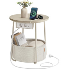VASAGLE Round Side Table, Small Table, Coffee Table with Socket, Living Room Table, Fabric Basket, Storage Space for Living Room, Bedroom, Bedside Table, Modern, Natural Beige/Cream White LET228LL01