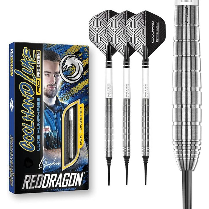 RED DRAGON Luke Humphries TX Softip Series Premium volframo strėlių rinkinys su skrituliukais ir koteliais