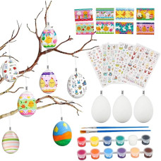 Plastikiniai velykiniai kiaušiniai, skirti dažyti patiems, 16 vnt. dekoracijų kabinimui, velykinių kiaušinių amatų rinkinys su teptuku, spalvų maišikliais, virve, vyniojamuoju popieriumi ir lipdukais, plastikiniai velykiniai kiaušiniai