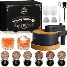 Whiskey Smoker Set with Built-in Lighter, 6 Types of Wood Chips, 2 Glasses, 2 Ice Ball Moulds, Cocktail Smoker Set, Christmas and Birthday Gift for Men, Dad, Husband (Without Butane) (Wood)