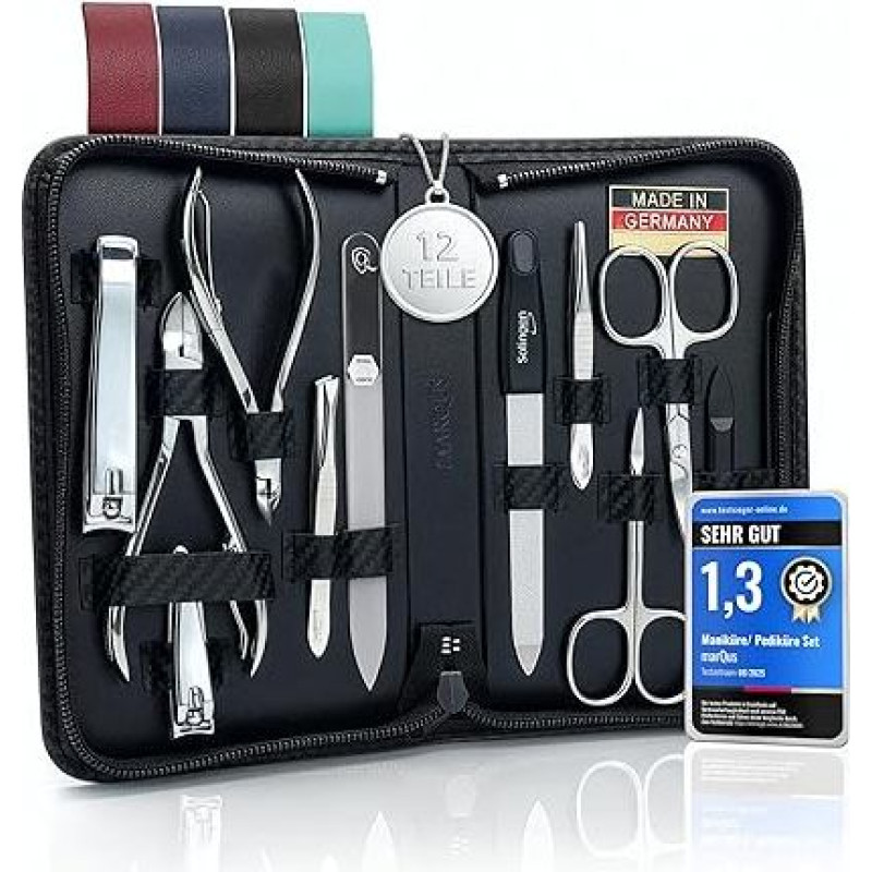 marQus Solingen Manicure Set - 12 Pieces in Faux Leather Case Handy and Soft - Complete Kit with Everything for Hand and Foot Care, Nail Set Carbon