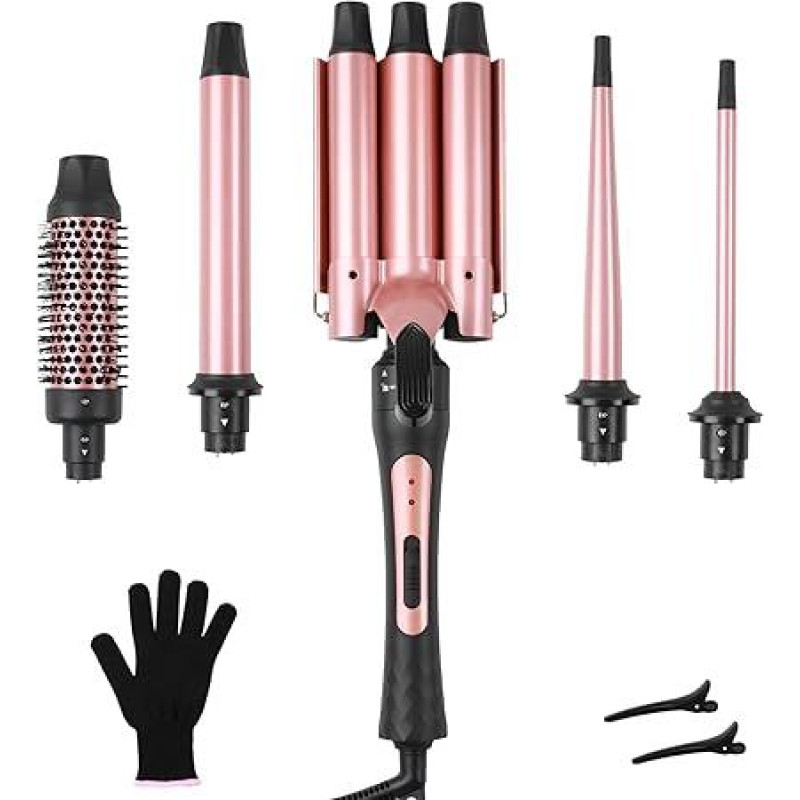 Geležčių rinkinys 5 in 1, bangų lygintuvas su daugiafunkciniu garbanojimo šepečiu ir 4 keičiamais suktukais su keramine danga (9-32 mm), dviguba įtampa 100-240 V, juodai auksinis