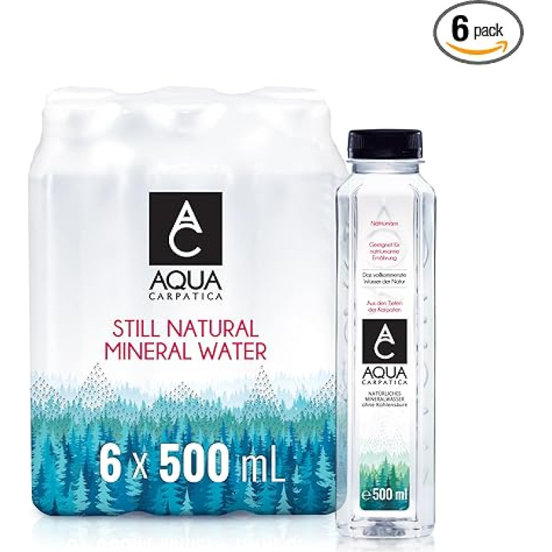 AQUA CARPATICA 500 ml x 6 negazuotas vanduo Premium Natural Mineral Water, su natūraliais elektrolitais, 100 % perdirbamas, be BPA, negazuotas, puikiai tinka kūdikių maistui ruošti