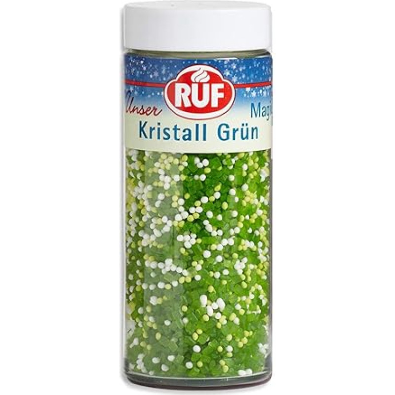 RUF Crystal Green Sprinkles, žalios, baltos ir žalios spalvos blizgantys cukraus perlai, blizgantys torto papuošalai, cukraus kristalai sausainiams, keksiukams puošti