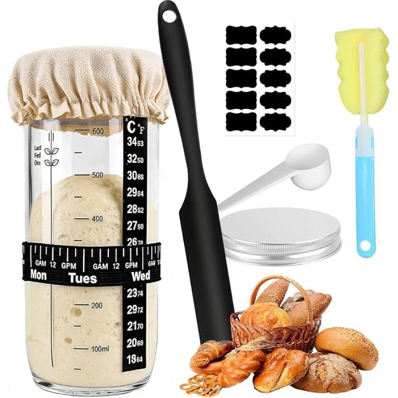 Raugo starterio rinkinys, 730 ml raugo stiklinė, duonos kepimo priedai su aliuminio dangteliu, fermentacijos šluoste, temperatūros juosta, etikete, silikonine mentele, data pažymėta fermentacijos stiklinė