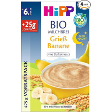 HiPP Organic Milk Porridge Good-Night Semolina Banana (4 x 475 g), from 6 Months, No Added Sugar