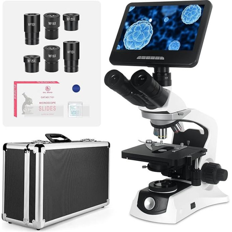 Trinokulinis mikroskopas su begaline korekcija, 10-24 MP monitoriumi, 40-1000 kartų didinimu, begaliniais achromatiniais lęšiais, FL10X okuliarais, dideliu mechaniniu stalu, vienu paspaudimu atliekamu fotografavimu ir vaizdo įrašymu