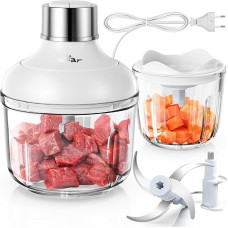 Bear 0.6L + 2L Glass Chopper 2 Speed Levels, Chopper with 4 Stainless Steel Blades and Meat Grinder, Glass Container Chopper for Meat, Baby Food, Fruit, Vegetables, Electric Mini Chopper
